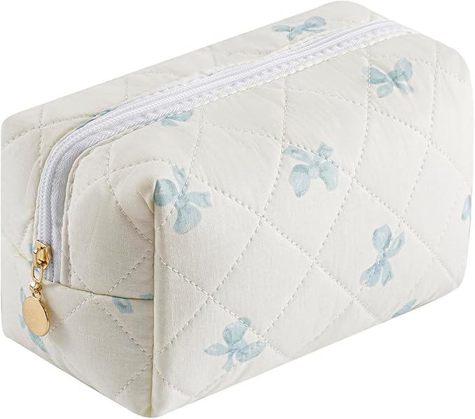 Cute Floral Makeup Bag Small Cotton Quilted Cosmetic Bag, Aesthetic Essential Bag Emergency Bag Gift for Women Girls Travel Accessories (Blue Small Bowknot)