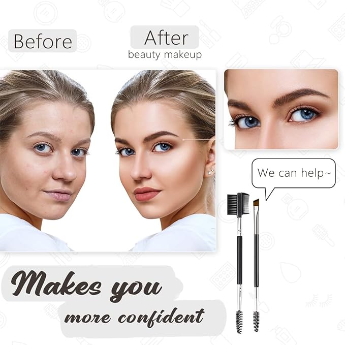 2PCS Professional Double-Ended Eyebrow and Eyelash Brush Set - Angled Eye Brow Brush, Spoolie, and 3 Head Eyelash Comb - Makeup Grooming Tool for Shaping Brows and Lashes