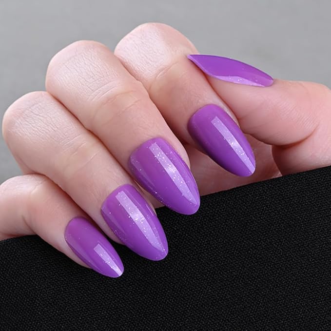 evpct Press on Nails Almond Short, Violet Purple Glitter Shimmer Shiny Short Almond Fake Nails for Women Gift, Soft Gel Press Stick on Nails with Nail Kit 30Pcs Reusable Acrylic Fake Nail Manicure Kit