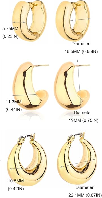 HILXURY Gold Chunky Hoop Earrings Set for Women, 14K Gold Plated Twisted Huggie Hoop Earring Hypoallergenic, Thick Open Hoops Set Lightweight