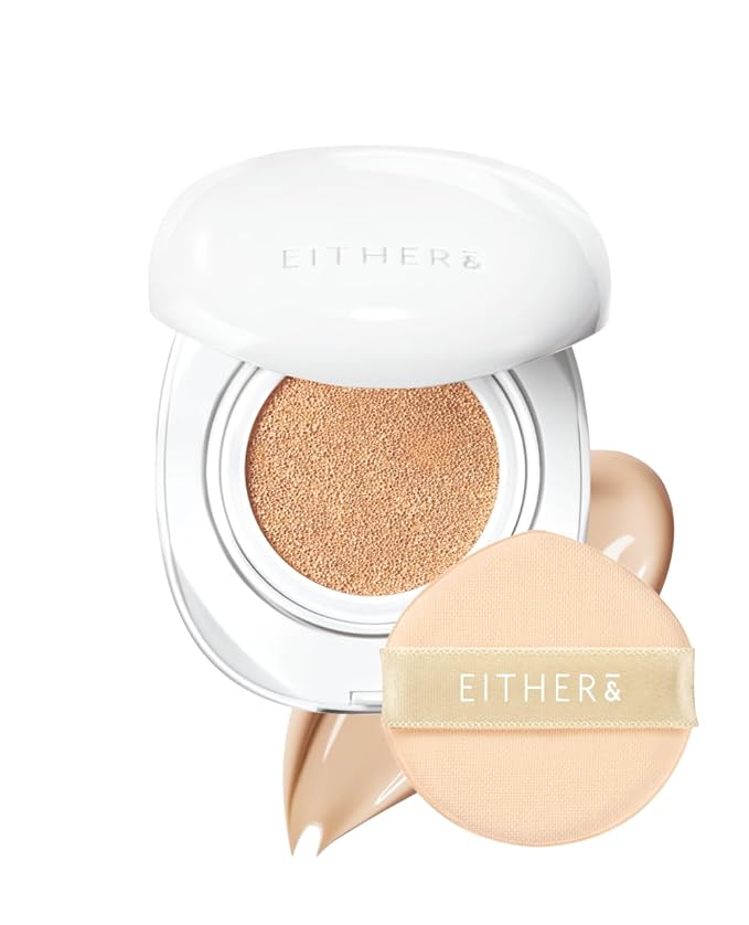 EITHER& Glow Pixel Cushion Foundation, Skincare Formula, Dewy Glass Skin, Lightweight & Long-Lasting 100H Wear, Buildable Hydrating Korean Cushion (22.5P Dawn, 12g)