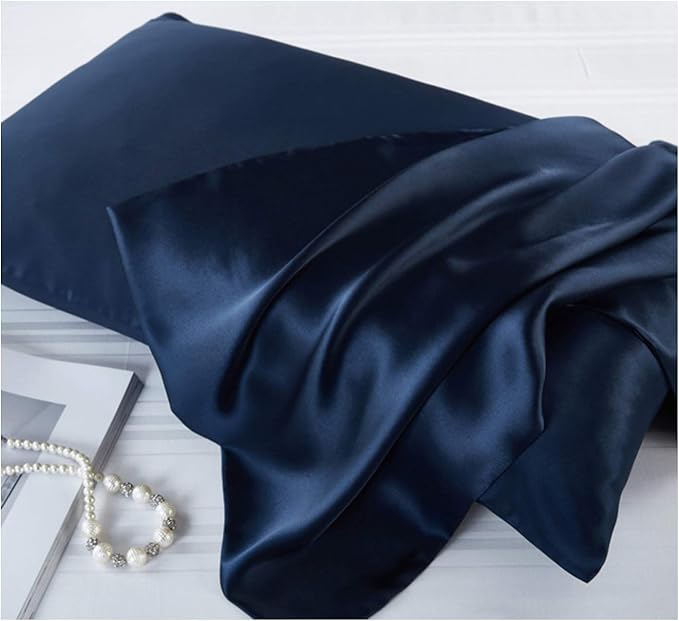 Mulberry Silk Pillowcases Set of 2, Hypoallergenic Satin Pillow Covers for Hair and Skin, with Hidden Zipper, Both Side 100% 19 Momme Silk (Navy Blue,Queen)