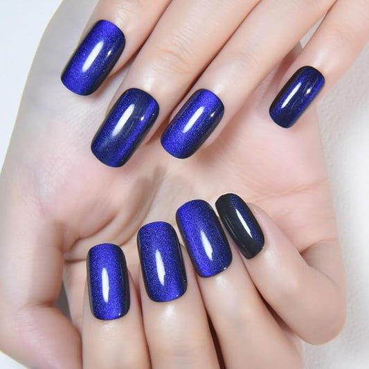 Royal Blue Cat Eye Press on Nails Medium Square, Medium Square Press Stick on Nails Chrome for Women Gift, Blue Holographic Glitter Glossy Reusable Soft Gel Acrylic Fake Nail with Cateye Effect Design