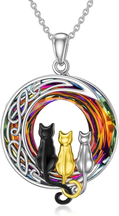 TOUPOP Cat Gifts for Cat Lovers One Two Three Four Cats Necklace Sterling Silver Cats on the Moon Pendant Necklace with Blue Circle Crystal Birthday Christmas Celtic Jewelry Gifts for Women