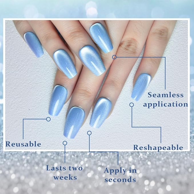 evpct Sky Blue Cat Eye Coffin Press on Nails Square Medium, Medium Square Stick on Nail for Women Gift, Sky Blue Metallic Glitter Glossy Reusable Summer Soft Gel Press on Acrylic Fake Nail with Design