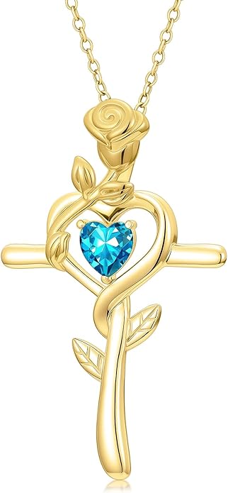 Midari 18K Yellow Gold Cross Pendant Rose Birthstone Necklaces for Women Christian Cross Jewelry with 12 Months Birthstone Birthday Gifts for Wife Her Daughter Mom