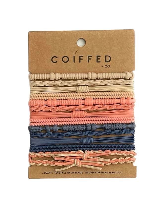 Coiffed + Co. Stacked Bracelet Hair Ties (Color: Linen, Peach, Navy) 14 Count, Hair Ties for Women, No Damage Hair Elastics, Hair Bands, Ponytail Holders, Ties for Thick and Thin Hair, Holiday Gift