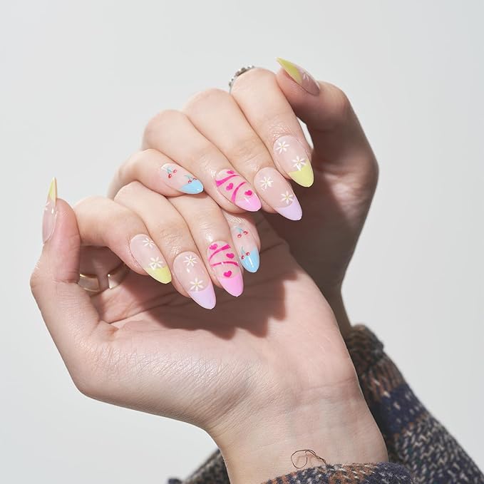 GLAMERMAID Light Colorful Rainbow Press on Nails Medium Almond, Tie Dye Jelly Soft Gel False Nals, Stiletto Glue on Nails Kit for Women, Reusable Short Oval Stick on Acrylic Fake Nails Manicure Set