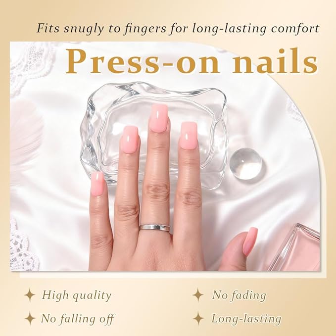 evpct Pale Nude Pink Short Square Glossy Press on Nails for Women Gift, Glossy Pale Nude Pink Fake Nail with Kits Manicure Kit, Soft Gel Full Cover Reusable Stick on Acrylic False Nails Perfectly Fit