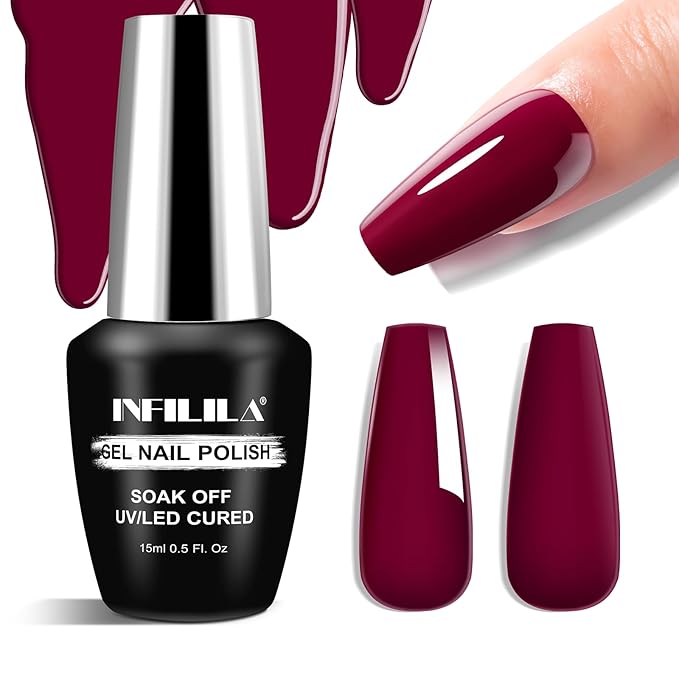 NXJ INFILILA Red Gel Nail Polish, Hema Free Dark Red UV LED Gel Polish, One-Stroke Coloring Deep Cherry Color High Gloss Soak Off UV Manicure Salon DIY for Girls SQ120