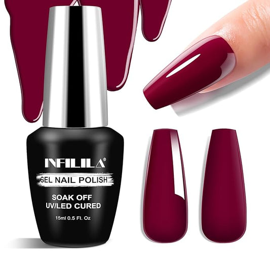 NXJ INFILILA Red Gel Nail Polish, Hema Free Dark Red UV LED Gel Polish, One-Stroke Coloring Deep Cherry Color High Gloss Soak Off UV Manicure Salon DIY for Girls SQ120