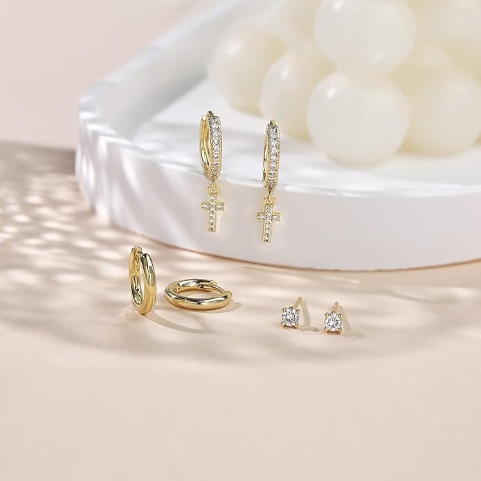 Freekiss 3 Pairs Gold Hoop Earrings Set: Dainty Stud Earrings Trendy Small 14K Gold Plated Hypoallergenic Dangle Cartilage Huggie Hoop Earrings for Women Gold Jewelry for Women Gifts