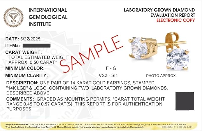 Certified Lab Grown Diamond Stud Earrings 1/2 cttw (F-G Color, VS2-SI1 Clarity) 14kt Yellow Gold