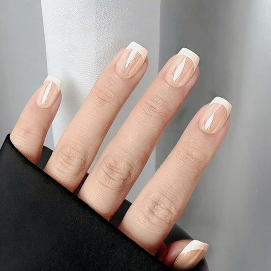 XZMeiLun Press On Nail, French Tip Chrome Acrylic Press On Nails Short Square, Designer Reusable Glazed Fake Nails, Glossy Soft Gel Nails Wedding and Party, Stick On Glue On Nails Press Ons for Women
