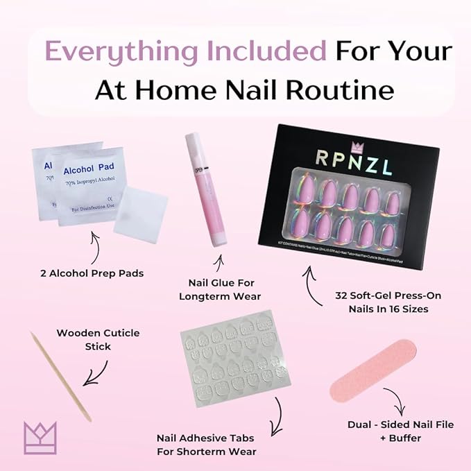 RPNZL Press On Nails - Ocean | Blue Chrome French Tip with Pearl Design, UV Finish Almond Nails, Salon Quality | 32 Nails, 16 Sizes Kit with Glue and Adhesive Tabs I Female Founded