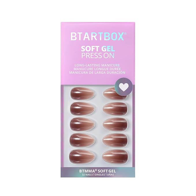 BTArtbox Press On Nails Almond - Molten Chrome, Ombre Brown Short Press On Nails with Glue and Adhesive Tabs for Women, Soft Gel Glue On Nails in 16 Sizes - 32 Stick On Nails Kit