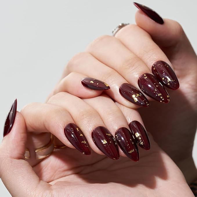 GLAMERMAID Burgundy Press on Nails Medium Almond, Deep Dark Red Glitter Hamdmade Gel False Nals, Stiletto Glue on Nails Kit for Women, Reusable Short Oval Emo Stick on Acrylic Fake Nails Manicure Set