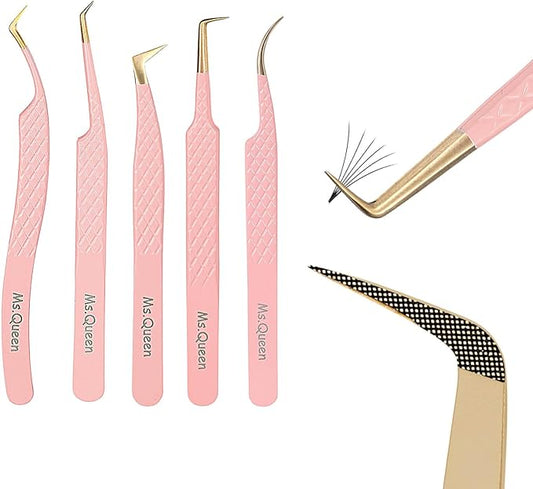 Ms.Queen Eyelash Extension Tweezers, Professional Fiber Tip Lash Tweezers Set of 5,Curved 45 90 Degree Volume Isolation Tweezers