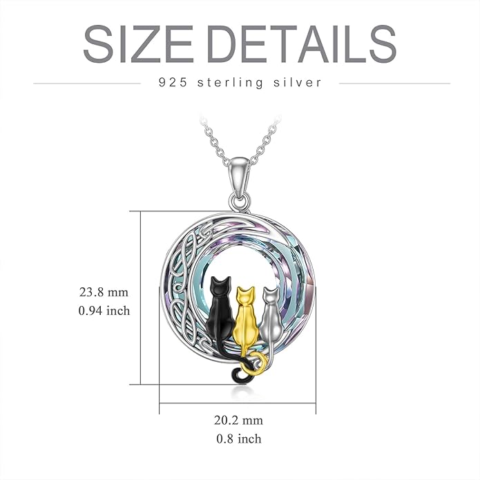 TOUPOP Cat Gifts for Cat Lovers One Two Three Four Cats Necklace Sterling Silver Cats on the Moon Pendant Necklace with Blue Circle Crystal Birthday Christmas Celtic Jewelry Gifts for Women