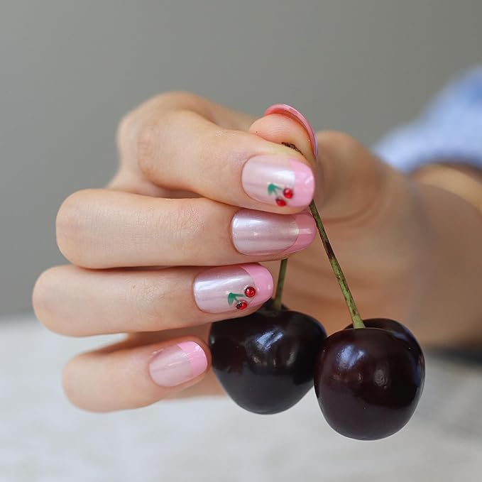 LAMIMOSA 32Pcs Pink French Tip Press On Nails Short Round - Soft Gel Fake Nails in 16 Sizes with 3D Cherry Accents, Reusable Glue on Nails Kit, CHERRY ON TOP