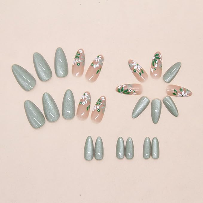 JONKASIPA 24 Pcs Almond Shape Press-On Nails Spring Cute Acrylic Nails, Artificial Gloss Full Coverage Light Green Fake Nails for Women and Girls Nail Decoration