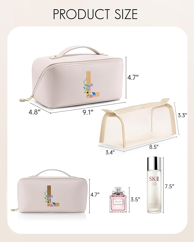 Vlando Mothers Day Ideas Gifts,Personalized Makeup Bags,Open Flat Makeup Organizer Bag,Gift Ideas for Mom Girlfriend Wife Bridesmaid Teen Girl (Letter L)