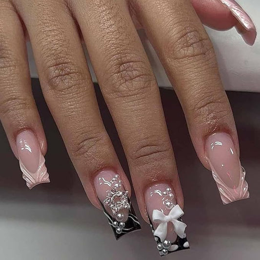 Foccna Press on Nails Medium Long Rhinestone Pink Fake Nails Square Pearl Bling Glossy 3D False Nail Tips Black Artificial Nails Finger Manicure for Women and Girls,24pcs