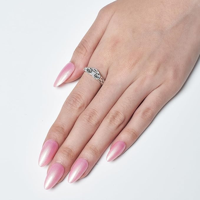GLAMERMAID Pink Press on Nails Medium Almond, Handmade Glitter Shimmer Neutral Jelly Chrome Gel Glue on Nail Stiletto, Glossy Fake Nails Short Oval，Reusable Acrylic Stick on False Nail Kits for Women
