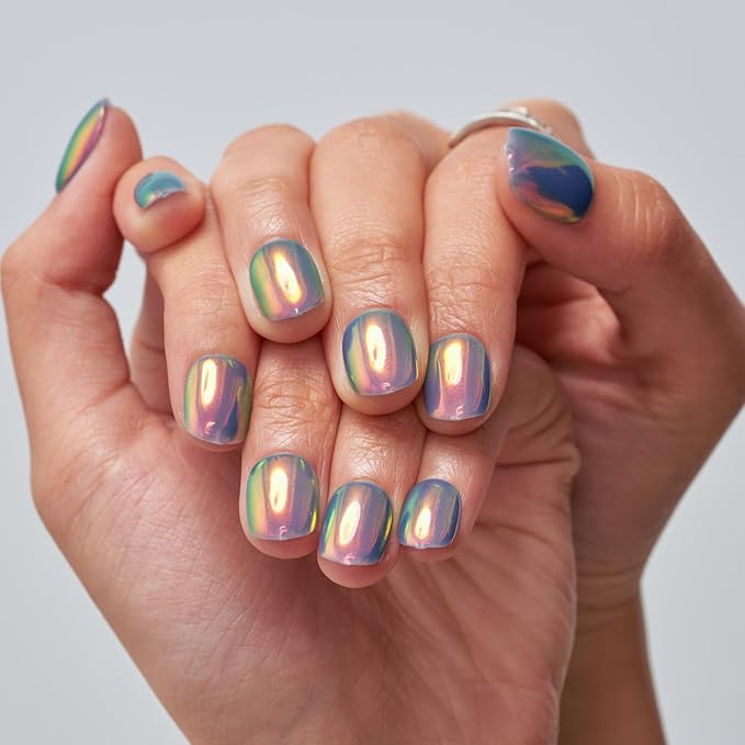 GLAMERMAID Blue Chrome Extra Short Press on Nails, Pearl Fake Nails Short Squoval, Glazed Handmade Jelly Gel Square Glue on Nails, Pure Purple Acrylic False Nails, Glossy Round Fake Nail for Women