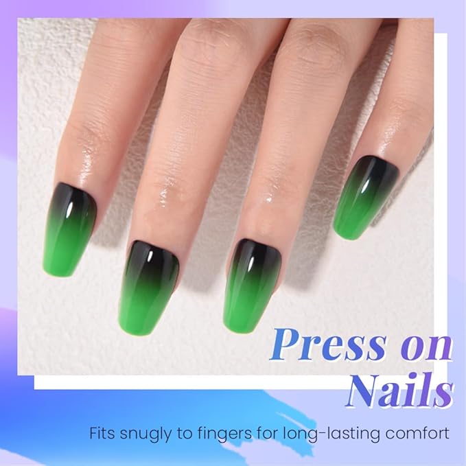 evpct Ombre Green to Black Press on Nails Short Coffin, Short Coffin Glossy Stick on Nail for Women Gift with Manicure Kit, Reusable Soft Gel Stick on Fake Nail with Glitter Designs Perfectly Fit