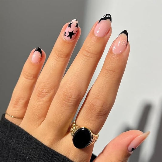 XZMeiLun Press On Nails Spring Acrylic Nails for Women - Star French Designer Fake Nails Short Almond 24PCS, Glossy Soft Gel with Glue, Outdoor Picnic/Wedding/Party Reusable Stick On Nails Gift