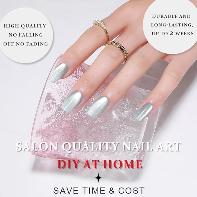 evpct Cat Eye Coffin Press on Nails Square Medium, Stick on Nails Medium Square for Women Gift, Teal Light Blue Green Metallic Glitter Glossy Gel Reusable Stick Acrylic Fake Press on Nail with Designs