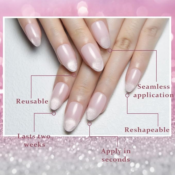 Cat Eye Press on Nails Short Almond - Light Purple & Nude Pink Shimmer Glossy French Tip Press on Nails for Gift, Soft Gel Press Stick on Nail with Nail Kit, Full Cover Reusable Acrylic Fake Nails Kit