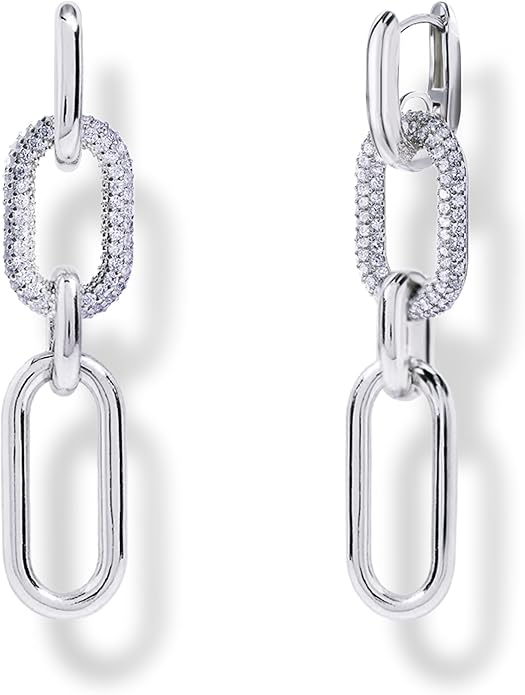 OZEL 14K Gold & Silver Plated Paperclip Chain Earrings with Cubic Zirconia – Dangle, Hoop, Huggie, Stud Styles – Women’s Fashion Jewelry Gift