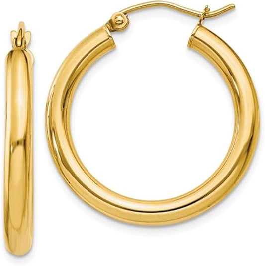 14K Yellow Gold Classic Real Hoop Earrings, (3mm Thick Tube)