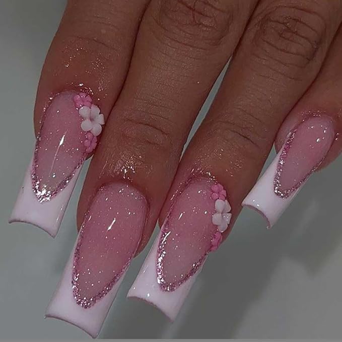 Foccna Press on Nails Long Rhinestone Pink Fake Nails Square Bling Glossy 3D Flower Artificial Nails Finger Manicure for Women and Girls-24pcs (Long Nails 5)