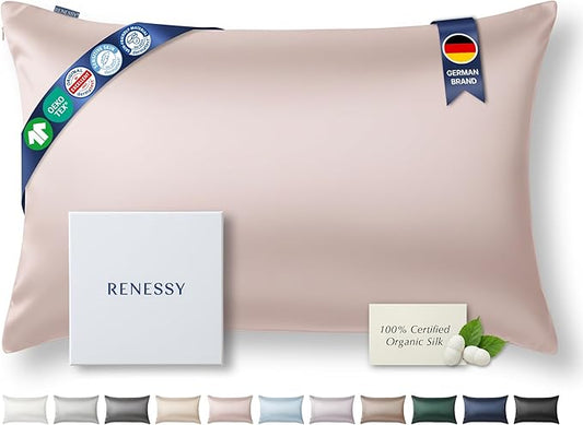 RENESSY Premium Silk Pillowcase 100% Organic Mulberry Silk, 22 Momme, Grade 6A - Oeko-Tex Certified in Germany - Luxury for Hair & Skin, 1 Piece (Queen Size 20x30 Inches, Heavenly Pink)