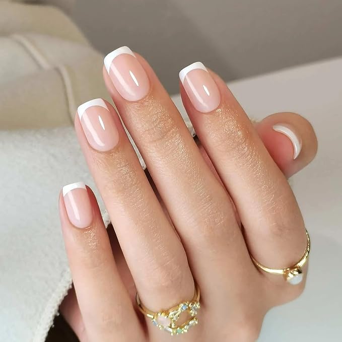 RPNZL Press On Nails - Frenchie Kiss | Classic French Manicure, UV Finish Square Nails, Reusable, Salon Quality | 32 Nails, 16 Sizes Kit with Glue and Adhesive Tabs