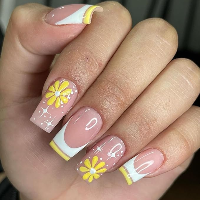 Sqaure Press on Nails Medium - French Tip Fake Nails with Yellow Flower Design - Glossy Full Cover Stick on Nails for Women 24 Pcs