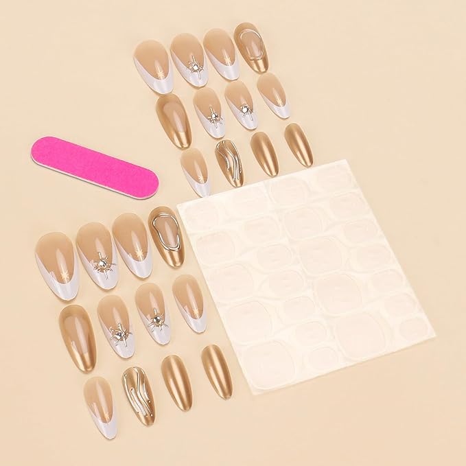 BSBTBZ White French Press on Nails Almond Chrome Gold False Nails with Star Rhinestones Nail Charms Designs Acrylic Nude Full Over Stick on Nails Glossy Artificial Nails for Women Manicure