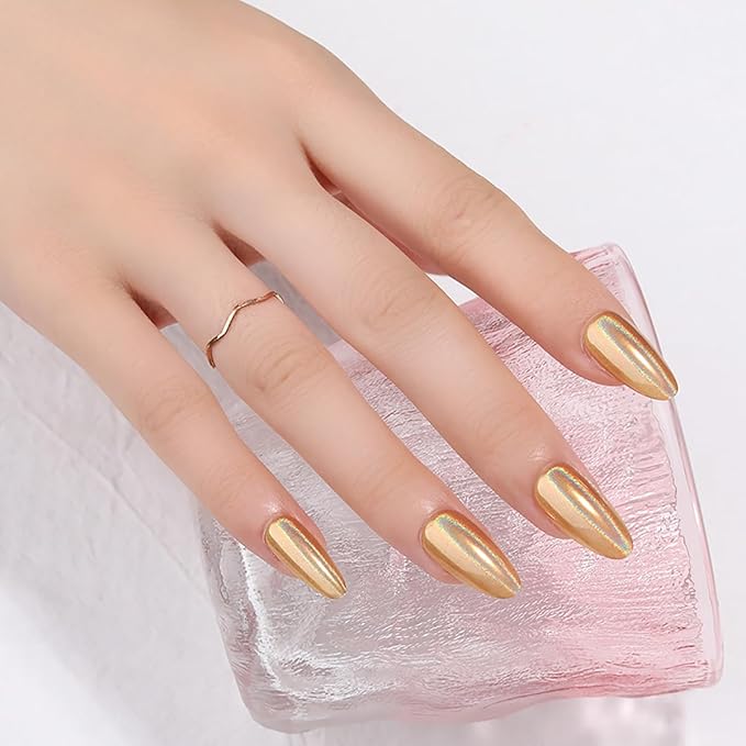XZMeiLun 24Pcs Gold Holographic Acrylic Press on Nails Short Almond - Reusable Fake Nails with Nail Glue Kit, Long Lasting Chameleon Static Nails for Women Daily Wear & Parties (Glossy Laser Design)