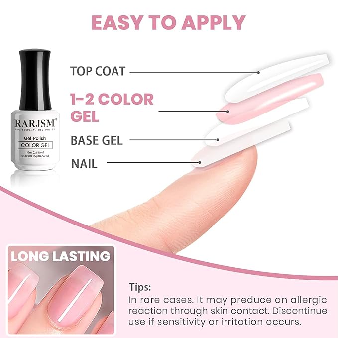 RARJSM Translucent Sheer Pink Gel Nail Polish LED UV Gel Soak Off Clear Pinky French Manicure Nude Pink Jelly Nail GelPolish Varnish Curing Requires 1pcs 15ml for Home Salon Nail Art DIY