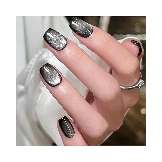 SHELWIN French Press On Nails Ready-To-Wear DIY Manicure Stick On Cat Eye Nails kit for Women 24 Pcs Short Medium Coffin Almond Shaped False Nails Gifts（Black）