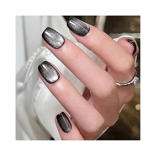 SHELWIN French Press On Nails Ready-To-Wear DIY Manicure Stick On Cat Eye Nails kit for Women 24 Pcs Short Medium Coffin Almond Shaped False Nails Gifts（Black）