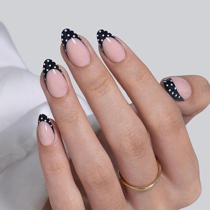 SHANGMENG Black French Tip Press on Nails Short - Polka Dots, Soft Gel Almond Press on Nails for Women, Seamless Fit Glue on Nails in 16 Sizes - 32 Reusable Fake Nails Kit with Glue