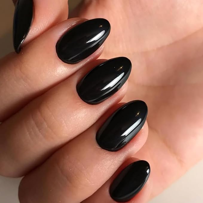 modelones Black Short Press on Nails, Oval Fake Nails Kit Press Ons with Nail Glue, Adhesive Tabs, Nail File, Prep Pad, Manicure Stick, 32Pcs 16 Sizes