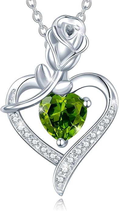 AGVANA Christmas Gifts Rosy Reverie Birthstone Necklace for Women Sterling Silver Genuine or Created Gemstone Rose Flower Heart Pendant Necklace Anniversary Birthday Gifts for Women Mom Wife Her
