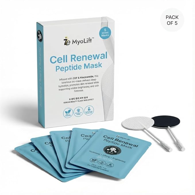 MYOLIFT Cell Renewal Peptide Mask(EGF)– 100%Vegan, Bio-Cellulose FaceMask for CellRenewal, Skin Firming, Hydrating & Brightening-with Niacinamide, Hyaluronic Acid& EGF|Korean Skincare Sheet Mask–Pack2