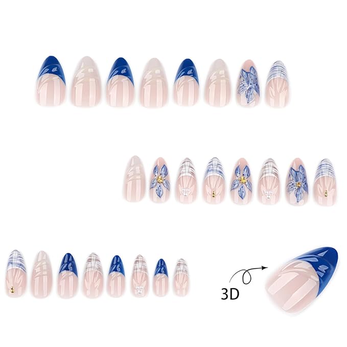 24pcs Blue Flowers Press on Nails Medium Almond Fake Nails Handmade Press on Nails Floral, 3D Flower False Nail French Blue Wave Beach Manicure with Almond-shaped False Nails for Women