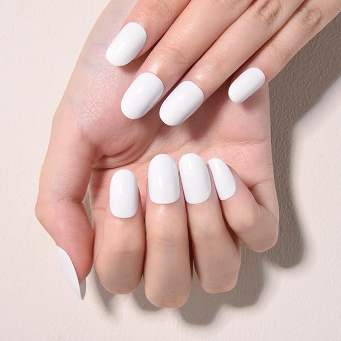 evpct White Glossy Press on Nails Oval Medium for Women Gift, Medium Oval White Fake Nail with Nail Kit Manicure Kit, Soft Gel Full Cover Reusable Stick on Soft Acrylic False Nails Perfectly Fit